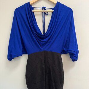 Sky Mini Dress Cobalt Blue Black Kimono Sleeve Plunge Open Back Sexy NEW XS
